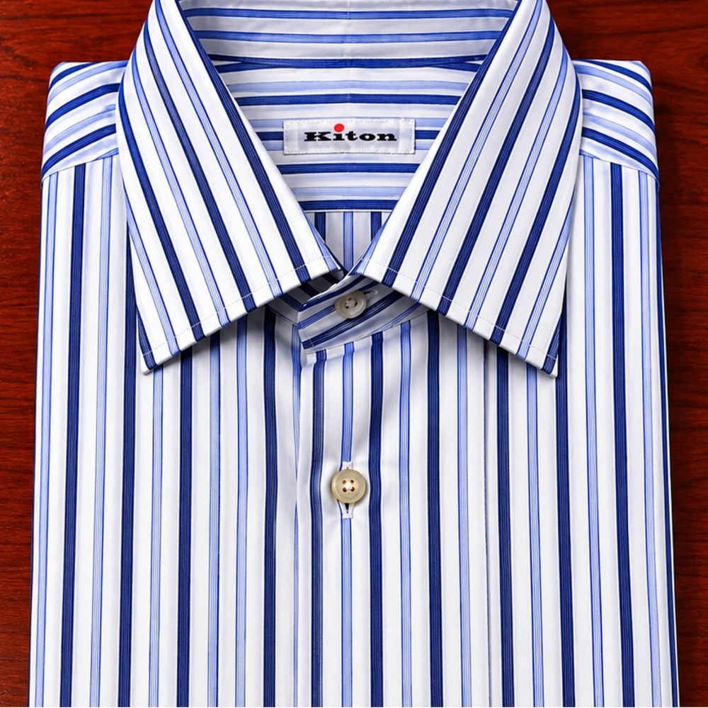 Kiton Dress Shirt with Dark and Light Blue Vertical Stripes